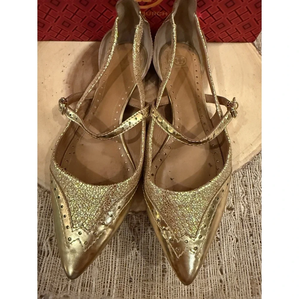 Tory Burch Bernadette 9M metallic Gold leather Mary Jane pointed-toe flats 358$ - Picture 2 of 14